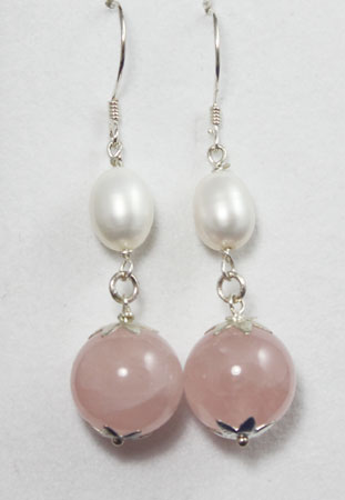 Rose Quartz and Pearl drop earrings